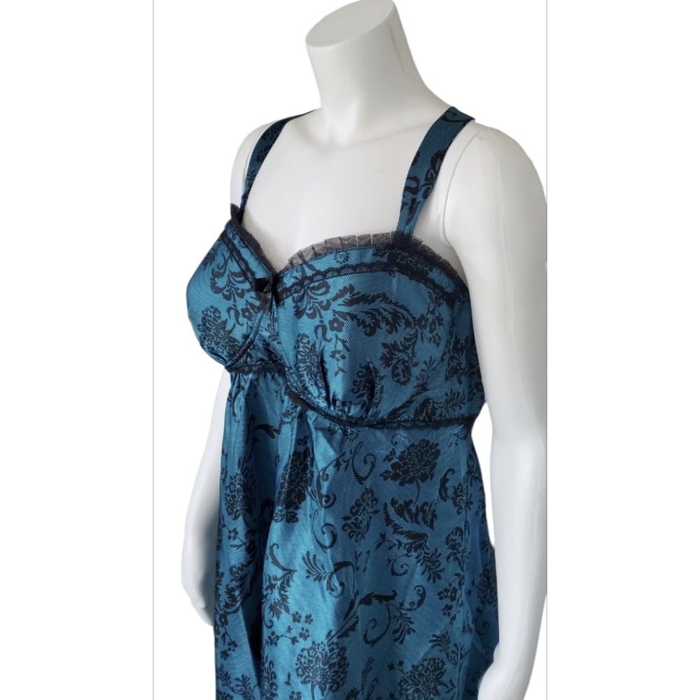 Teal Floral Lace Trim Satin Chemise Slip